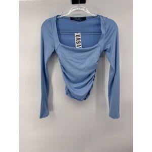 Silence + Noise Urban Outfitters Blue Ruched Long Sleeve Square Neck Top‎